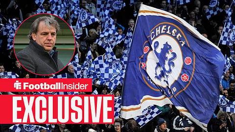 Chelsea fans wave a large flag at Stamford Bridge / Chelsea co-owner Todd Boehly looks down from above at Stamford Bridge