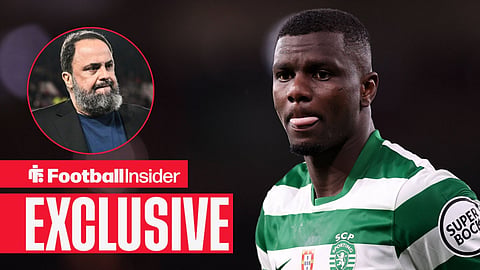 Ousmande Diomande of Sporting Lisbon during the Arsenal vs Sporting Lisbon UEFA Champions League quarter final 2nd leg match at the Emirates Stadium, London / Nottingham Forest owner Evangelos Marinakis at the City Ground