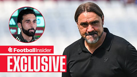 Daniel Farke on pitch before game with Alvaro Arbeloa in press conference left inset
