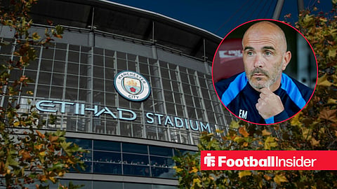 General outside view of the Etihad Stadium / Former Chelsea manager Enzo Maresca watches on from the dugout