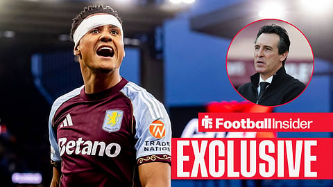 Football Insider exclusive as Aston Villa striker Ollie Watkins stares towards manager Unai Emery, who watches from a circular inset.