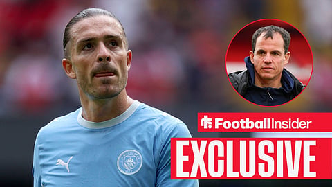 Jack Grealish in action for Man City with Regis Le Bris on touchline right inset