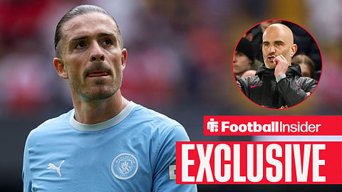 Jack Grealish of Manchester City in action during the 2026 FA Community Shield match between Arsenal and Manchester City at Principality Stadium on August 16, 2026 / Manchester City manager Enzo Maresca reacts on the touchline