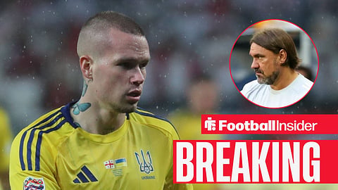 Mykhailo Mudryk in action for Ukraine, with Daniel Farke in a circular inset