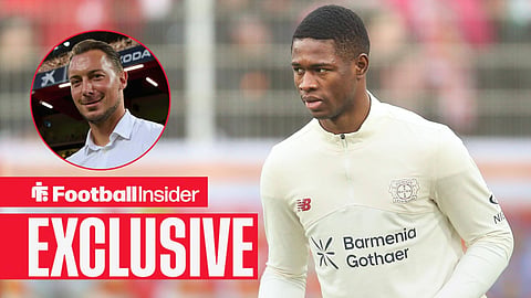 Football Insider exclusive as Bayer Leverkusen star Christian Kofane stares towards Newcastle boss Matthias Jaissle, who smiles in a circular inset.