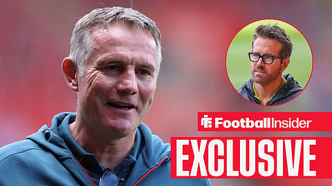 Football Insider exclusive as Wrexham manager Phil Parkinson stares towards owner Ryan Reynolds, who watches from a circular inset.