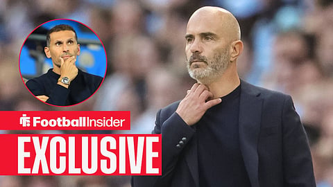 Football Insider exclusive as Man City manager Enzo Maresca stares towards chairman Khaldoon Al Mubarak, who watches from a circular inset.