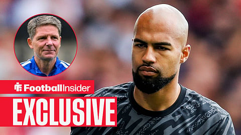 Football Insider exclusive as Chelsea goalkeeper Robert Sanchez stares towards Nottingham Forest manager Oliver Glasner, who watches from a circular inset.
