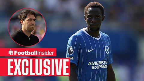 Football Insider exclusive as Brighton star Yankuba Minteh stares towards Liverpool manager Andoni Iraola, who watches from a circular inset.