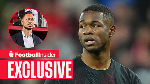Football Insider exclusive as Bayer Leverkusen star Christian Kofane glances towards Newcastle manager Matthias Jaissle, who watches from a circular inset.