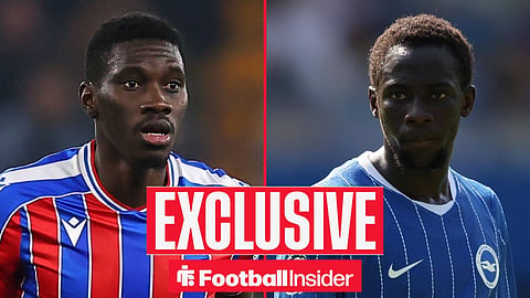 Ismaila Sarr in Crystal Palace home kit on left and Yankuba Minteh in Brighton home kit on right