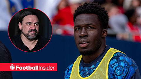 Wilfried Gnonto on the bench at Leeds, with Daniel Farke in a circular inset