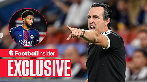 Football Insider exclusive as Aston Villa manager Unai Emery points towards Ibrahim Mbaye, who is in action in a circular inset.