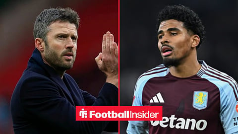 Michael Carrick applauding at Man United, with Ian Maatsen in action for Aston Villa
