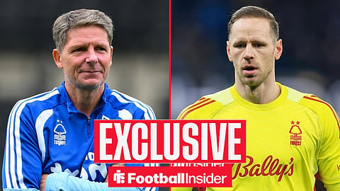 Football Insider exclusive as Nottingham Forest manager Oliver Glasner stares across a split image towards goalkeeper Matz Sels.