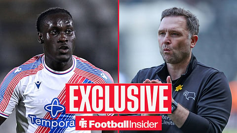 Football Insider exclusive as Crystal Palace midfielder David Ozoh and Derby manager John Eustace feature on either side of a split image.
