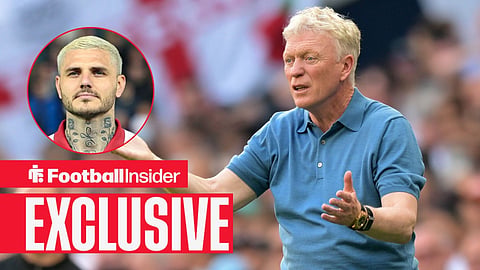 Football Insider exclusive as Everton manager David Moyes stares towards Mauro Icardi, who features in a circular inset.