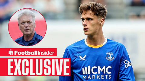 Football Insider exclusive as Everton midfielder Harrison Armstrong stares towards manager David Moyes, who watches from a circular inset.