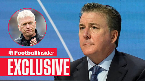 Football Insider exclusive as Everton owner Dan Friedkin stares towards manager David Moyes, who watches from a circular inset.