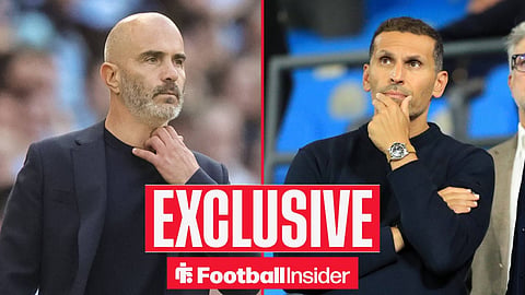 Enzo Maresca on sideline left with Khaldoon Al-Mubarak in stands right
