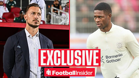 Football Insider exclusive as Newcastle manager Matthias Jaissle stares across a split image towards Christian Kofane.