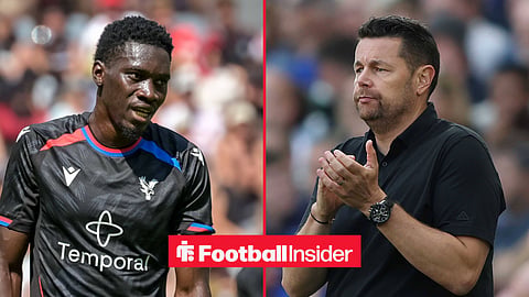 Ismaila Sarr in action for Crystal Palace, with Pierre Sage on the sidelines