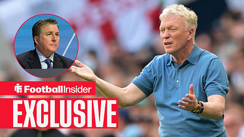 Football Insider exclusive as Everton manager David Moyes looks pleadingly towards owner Dan Friedkin, who watches from a circular inset.