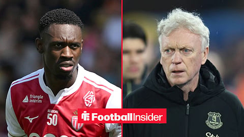 Folarin Balogun in action for Monaco, with David Moyes on the sidelines at Everton