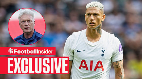 Football Insider exclusive as Tottenham striker Richarlison stares towards Everton manager David Moyes, who watches from a circular inset.