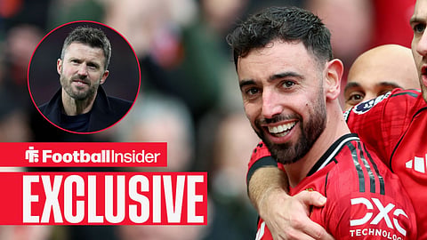 Bruno Fernandes celebrating with Michael Carrick celebrating towards fans left inset