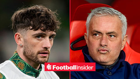 Real Betis striker Troy Parrott with Real Madrid manager Jose Mourinho inset