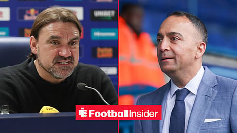 Daniel Farke in a press conference with Leeds, with Paraag Marathe at Elland Road