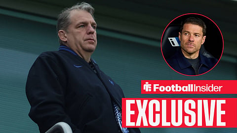 Football Insider exclusive as Chelsea owner Todd Boehly stares towards manager Xabi Alonso, who watches from a circular inset.