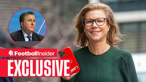 Football Insider exclusive as Amanda Staveley stares towards Everton owner Dan Friedkin, who watches from a circular inset.