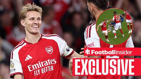 Martin Odegaard of Arsenal l celebrates scoring the third goal during the Arsenal vs Coventry City Premier League match at the Emirates Stadium, London / Ezri Konsa fouls Morgan Rogers in the build-up to Arsenal's second goal on 6 September 2026