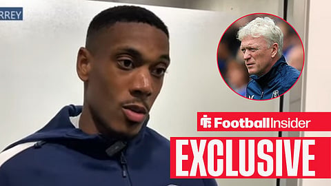 Anthony Martial in an interview with David Moyes on sideline right inset