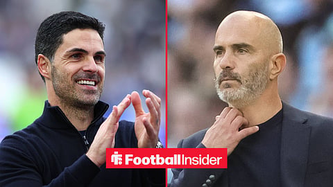 Arsenal manager Mikel Arteta claps and smiles with Man City manager Enzo Maresca 