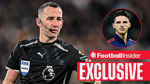Chris Kavanagh, the match referee, gestures during the Premier League match between West Ham United and Fulham at the London Stadium in Stratford, United Kingdom, on December 27, 2025 / Arsenal star Declan Rice features ahead of kick-off