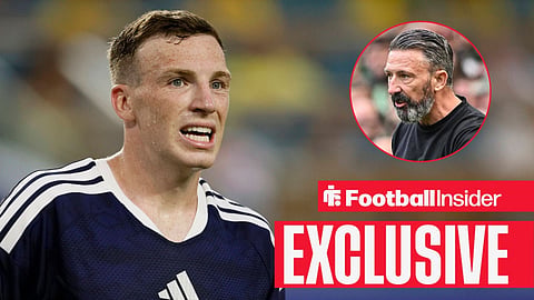 Lewis Ferguson in action for Scotland with Derek McInnes on sidelines shouting right inset