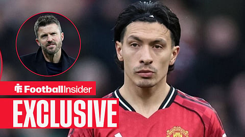 Lisandro Martinez in action with Michael Carrick celebrating with fans left inset