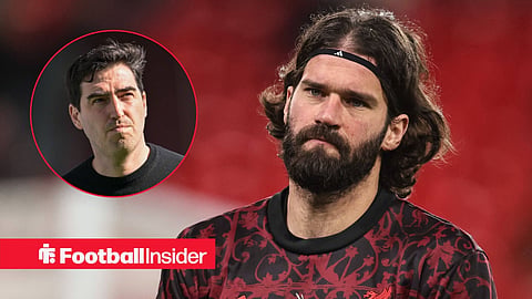 Alisson in action for Liverpool, with Andoni Iraola in a circular inset