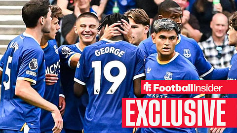 Everton players Michael Keane, Harrison Armstrong, Vitalli Mykolenko, Tyrique George, Tyler Dibling, Beto and Charly Alcaraz celebrate George's goal