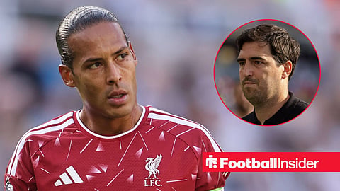 Virgil van Dijk in action for Liverpool, with Andoni Iraola in a circular inset