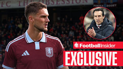 Taylor Harwood-Bellis features in an Aston Villa home kit / Unai Emery Manager of Aston Villa during the Champions League match between Aston Villa and Juventus FC at Villa Park, Birmingham, England on 27 November 2024