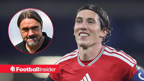 Harry Wilson in action for Wales, with Daniel Farke in a circular inset