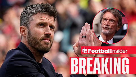 Michael Carrick on the sidelines at Old Trafford, with Jim Ratcliffe in a circular inset