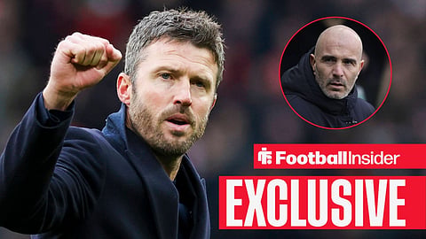 Michael Carrick celebrating towards fans with Enzo Maresca on sideline right inset
