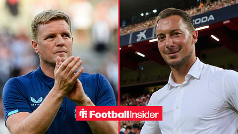 Newcastle manager Matthias Jaissle smiles with former Newcastle manager Eddie Howe claps inset