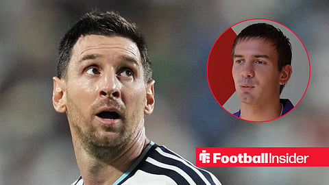 Lionel Messi looks up with Franco Mastantuono giving an interview inset