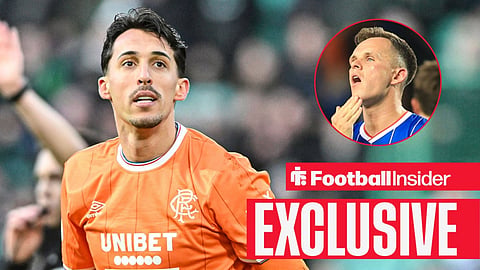 Bojan Miovski in action with Lawrence Shankland looking annoyed right inset